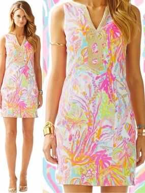 Lilly Pulitzer Pink Coral Multi-Print Embellished V-Neck Shift Dress